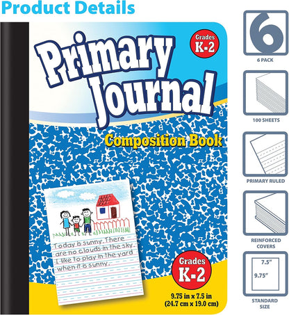 Primary Journal, Hardcover, Primary Composition Book Notebook - Grades K-2, 100 Sheet, One Subject, 9.75" X 7.5", Blue Cover-6 Pack