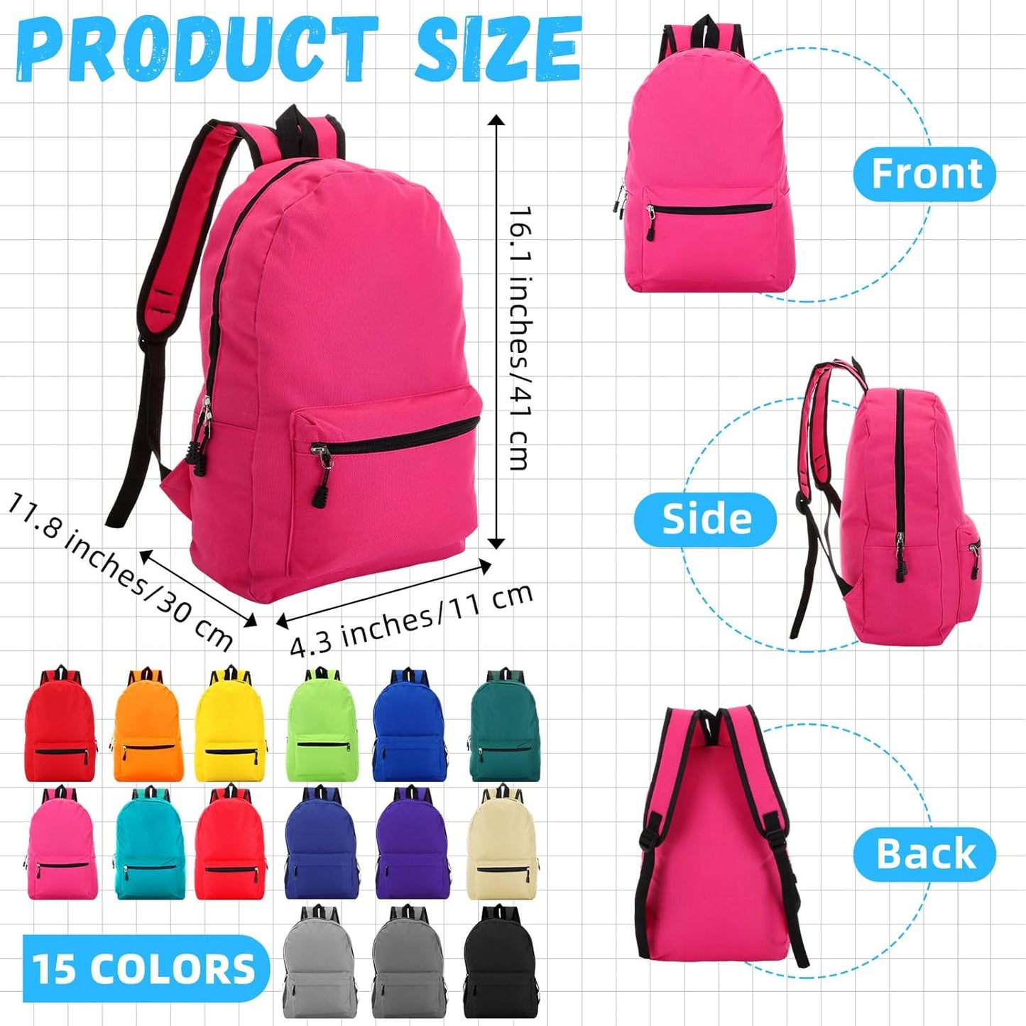 30 Pcs Backpack in Bulk 16" School Bookbags for Kids Lightweight Student Backpack Basic Casual Backpacks School Supply Kits for Girls Boys, 15 Colors