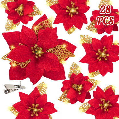 28PCS Christmas Tree Decorations: Poinsettias Artificial Flowers Ornaments Xmas Red Glitter Flower with Clips,3 Sizes(Not Included Stems)