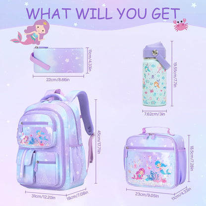 Kids School Backpack for Girls, Mermaids Bookbag Backpack with 14OZ Kids Water Bottle, Lunch Bag Set for Girls Kids Teens Middle School Student, Girls Backpack for School (4Pcs Water Bottle)