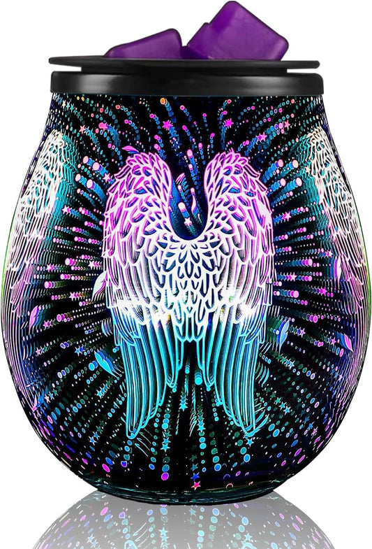 3D Glass Fireworks Electric Wax Melt Warmer with PTC Heating Plate 7 Colors LED Changing Light Wax Burner Melter Fragrance Warmer for Home (Angel Wings)