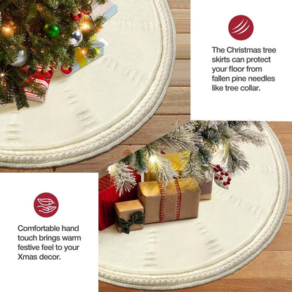 Christmas Tree Skirt 48 Inch Large - Knit Knitted Thick Rustic Tree Skirt Decor for Thanksgiving Xmas Holiday Party Winter Farmhouse New Year Decoration Indoor Outdoor(Cream)