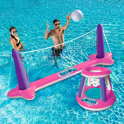 Inflatable Pool Float Set Volleyball Net & Basketball Hoops, Floating Swimming Game Toy for Kids and Adults, Summer Floaties, Volleyball Court (105”X28”X35”)|Basketball (27”X23”X27”),L-Orange