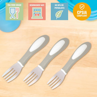 My First Meal Pal Stainless Steel Forks, Toddler Silverware, White, Light Grey, 3-Pack