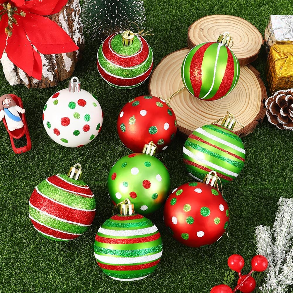 18Pcs Christmas Balls Ornament 2.4 Inch Glittering Hanging Xmas Balls for Tree Decoration Swirl Candy Cane Elf Balls Red Green Plastic Christmas Baubles for Home Indoor Holiday Party Decor