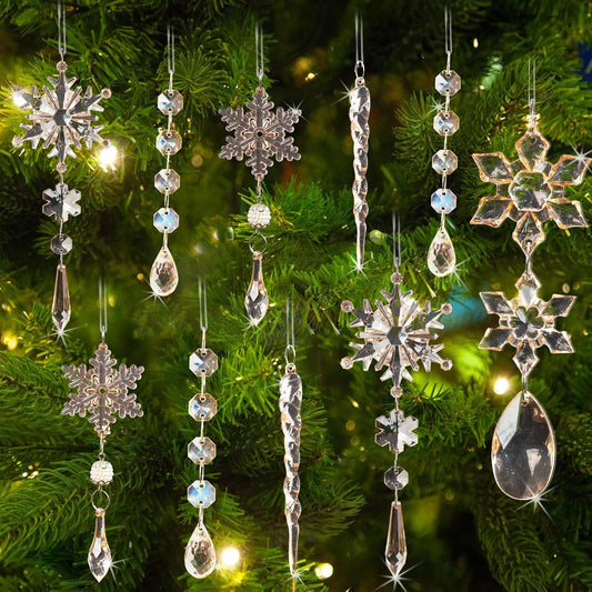 18Pcs Crystal Christmas Ornaments for Christmas Tree Decorations-Champagne Hanging Acrylic Snowflake and Icicle Ornaments with Drop Pendants for Christmas Tree New Year Party Decorations Supplies