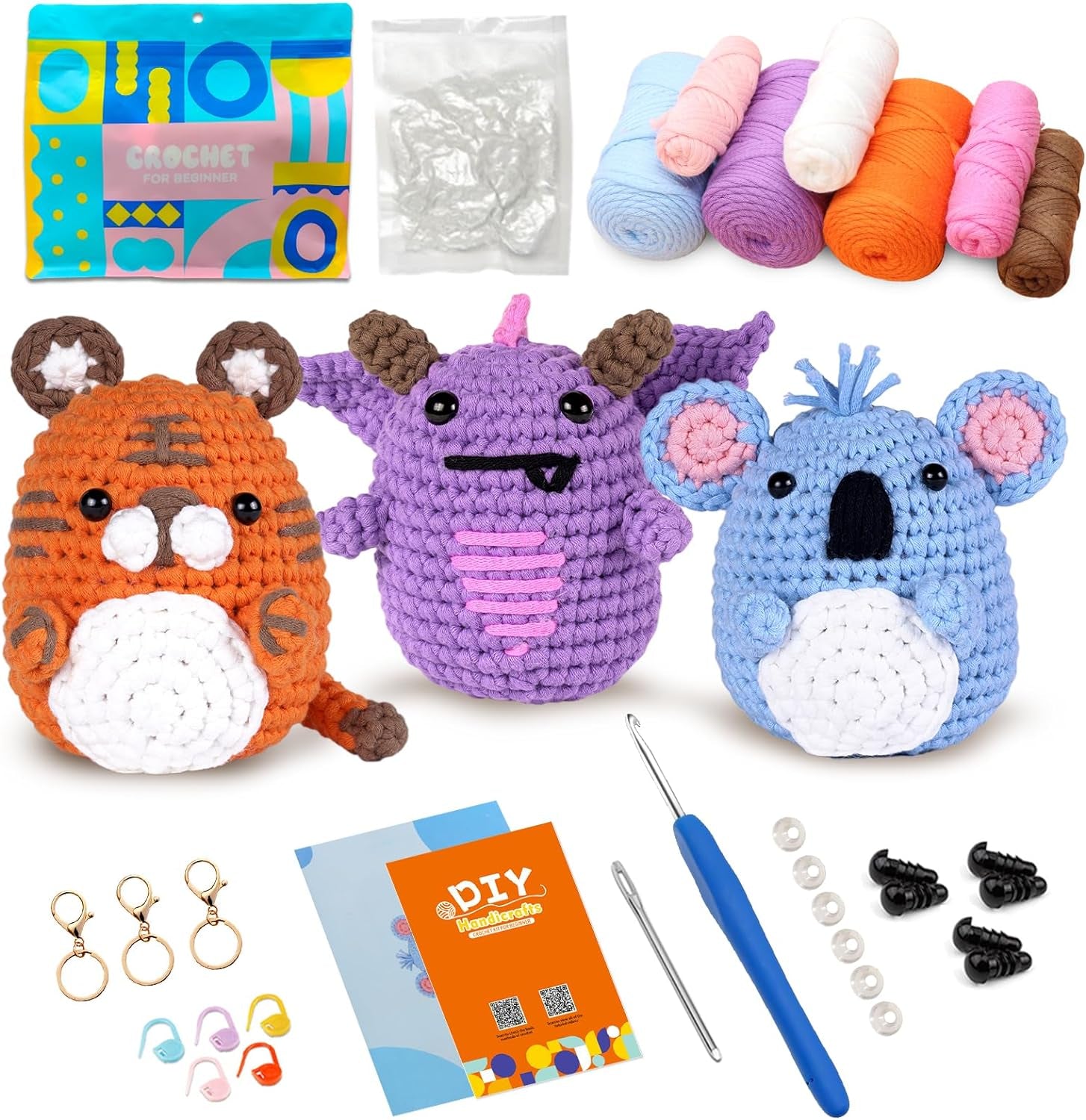 Crochet Kit for Beginners, 3 Pattern Animals-Owl, Penguin, Frog, Knitting Kit for Adult Kids with Step-By-Step Video Tutorials and Yarns, Hook, Accessories
