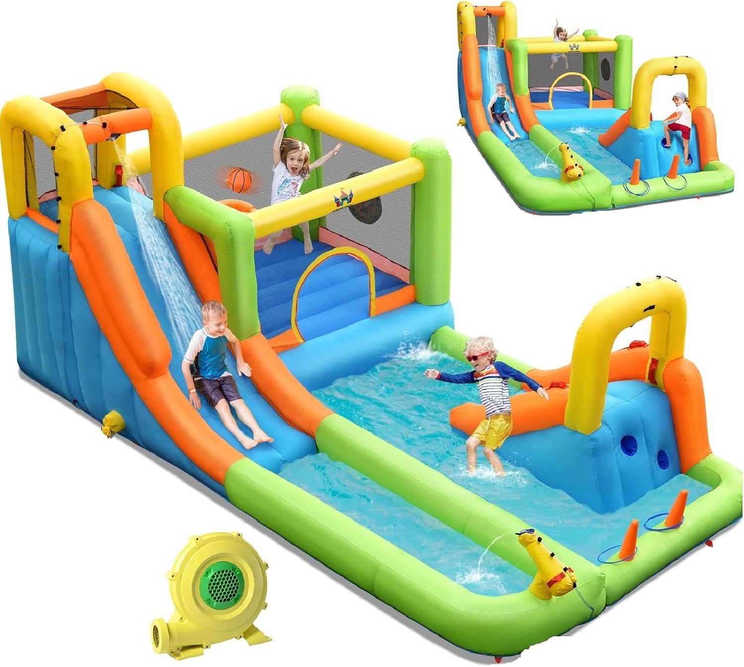 Inflatable Water Slide, 8 in 1 Mega Waterslide Park Bounce House for Outdoor Fun W/735W Blower, Long Slide, Splash Pool, Water Slides Inflatables for Kids and Adults Backyard Party Gifts