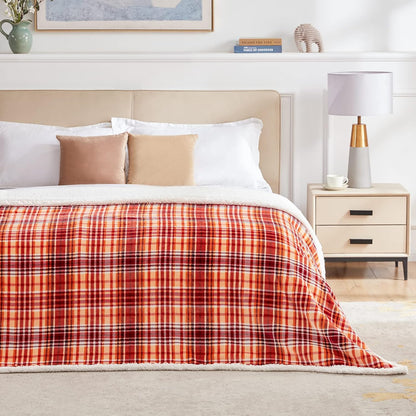 Sherpa Halloween Plaid Throw Blanket(60" X 70", Plaid Orange), Fuzzy Fluffy Cozy Soft Blanket, Fleece Flannel Plush Twin Size Microfiber Blanket for Couch Bed Sofa