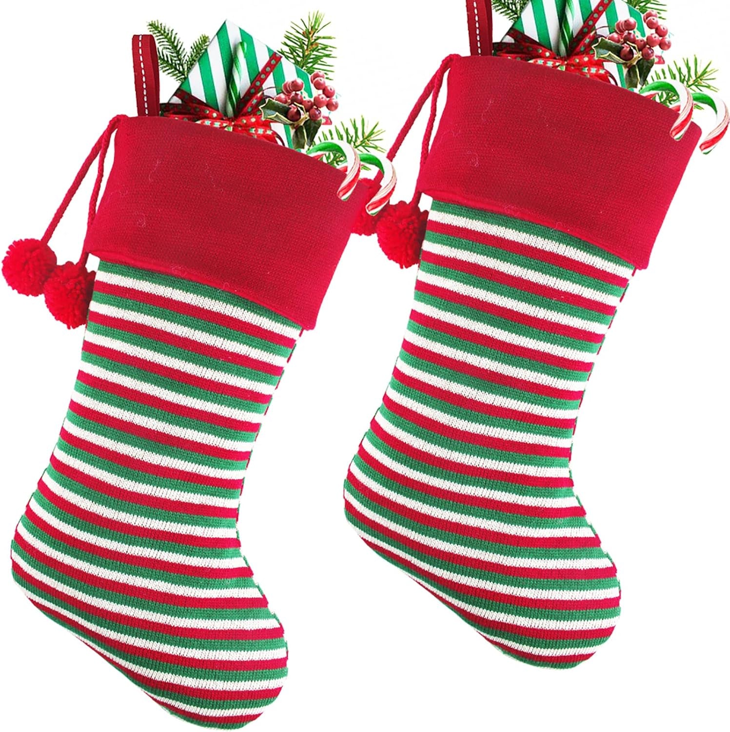 2 Pack 18'' Large Size Heavy Knit Christmas Stockings with Pom Pom Balls, Rustic Xmas Knitted Personalized Stocking Decoration for Family Holiday Season Décor, Red Green Beige Stripe