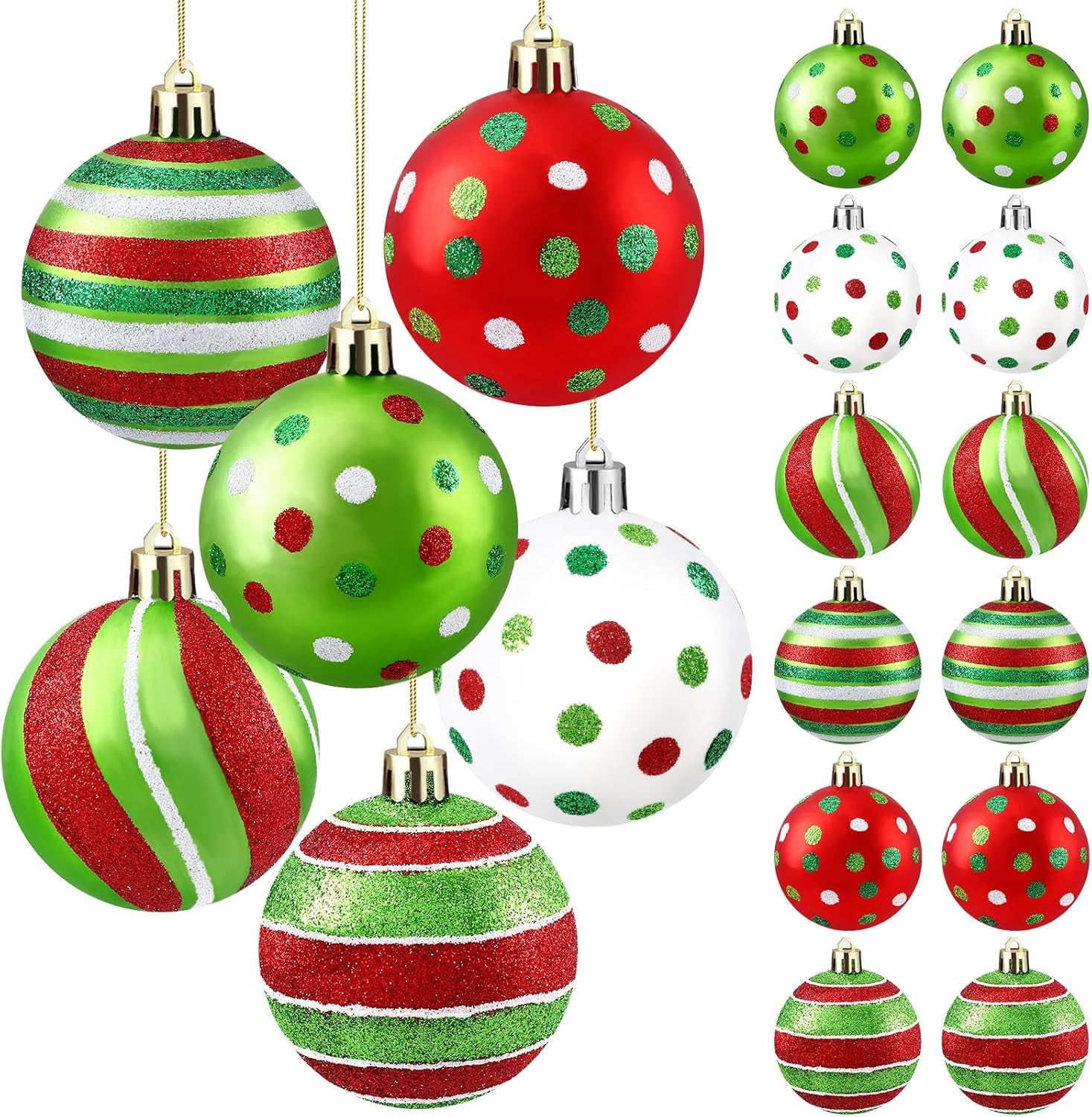 6Pcs Large Christmas Balls Ornament 3.94 Inch Polka Dot Hanging Xmas Balls for Tree Decoration Red Green and White Glittering Plastic Christmas Baubles for Home Indoor Holiday Party Decor