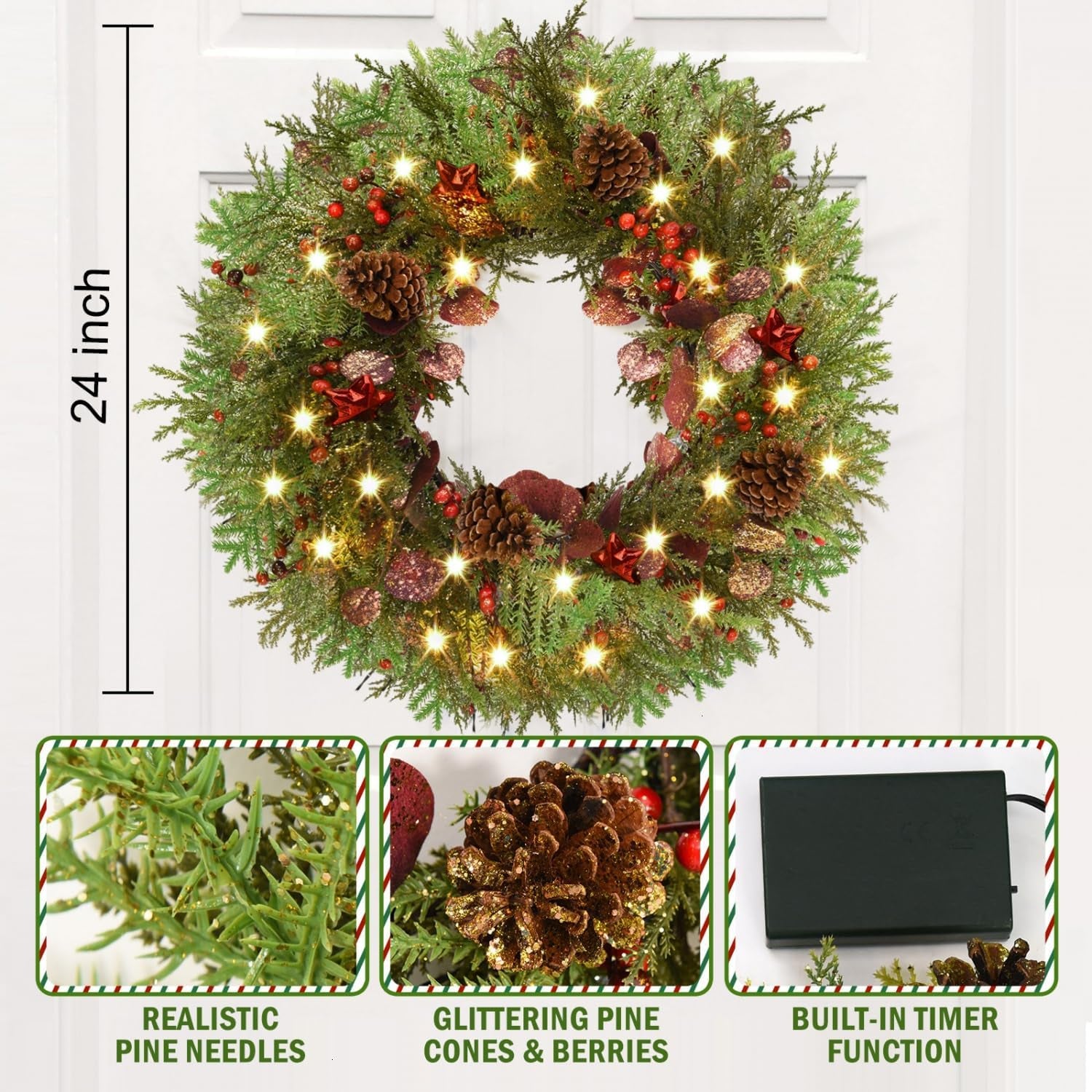 24'' Artificial Christmas Wreath with Lights, Red Berry & Pine Cones, Battery Operated Christmas Wreaths for Front Door, Window, Fireplace, Wall, Christmas Decorations for Indoor and Outdoor