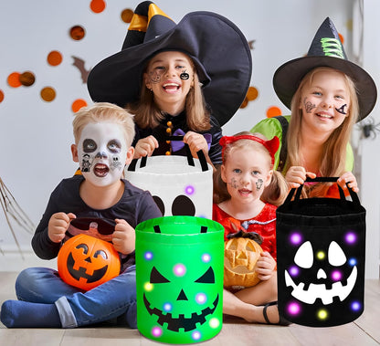 4Pcs Halloween Trick or Treat Bucket Candy Bags - LED Light up Pumpkin Basket Gift for Kids with Bracelets Stickers