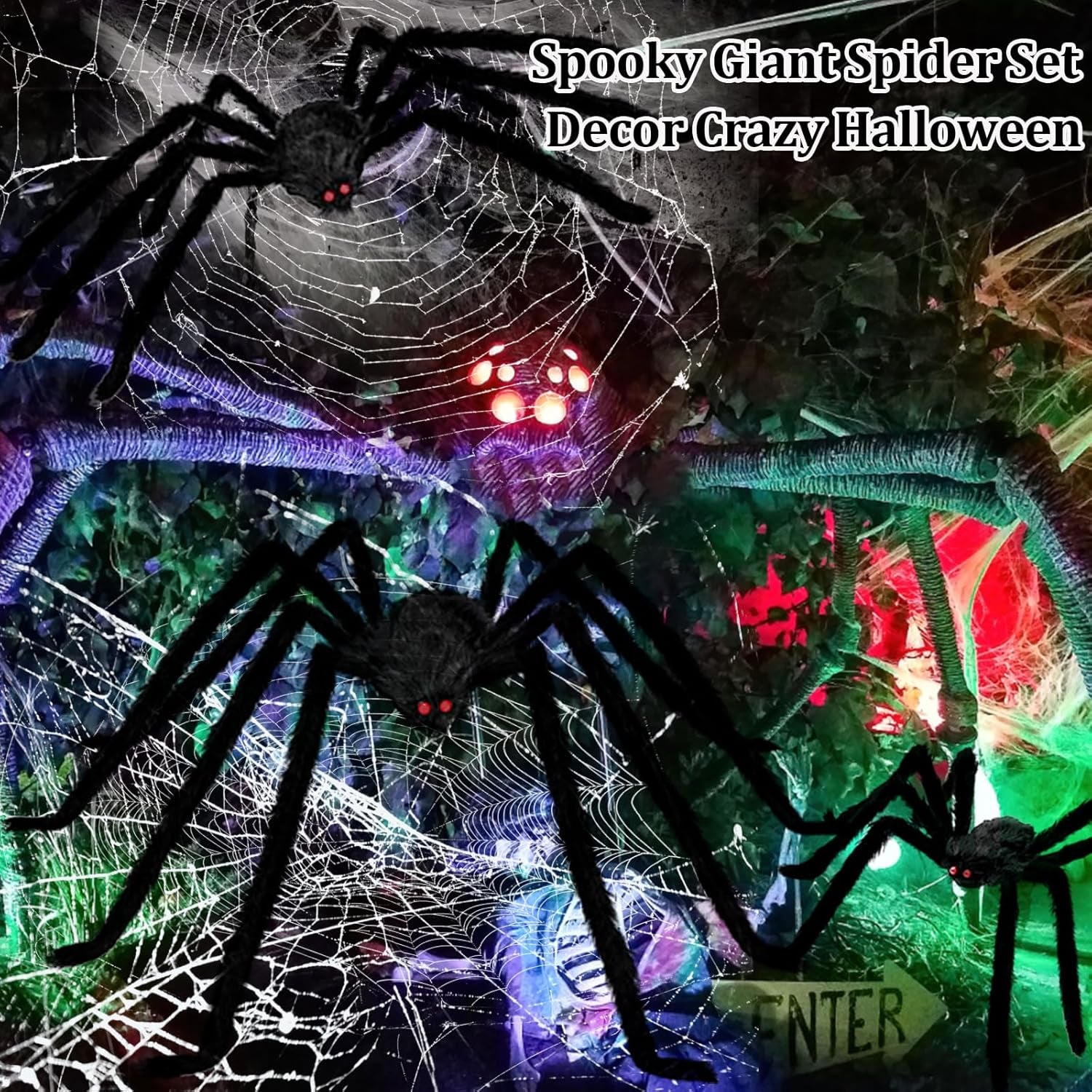 Halloween Giant Spider Decorations Indoor Outdoor Realistic Halloween Spider 3 Pack Sets with 250Sqft Spider Webs and 20 Fake Mini Spiders, Scary Hairy Spiders Props Yard Creepy Décor