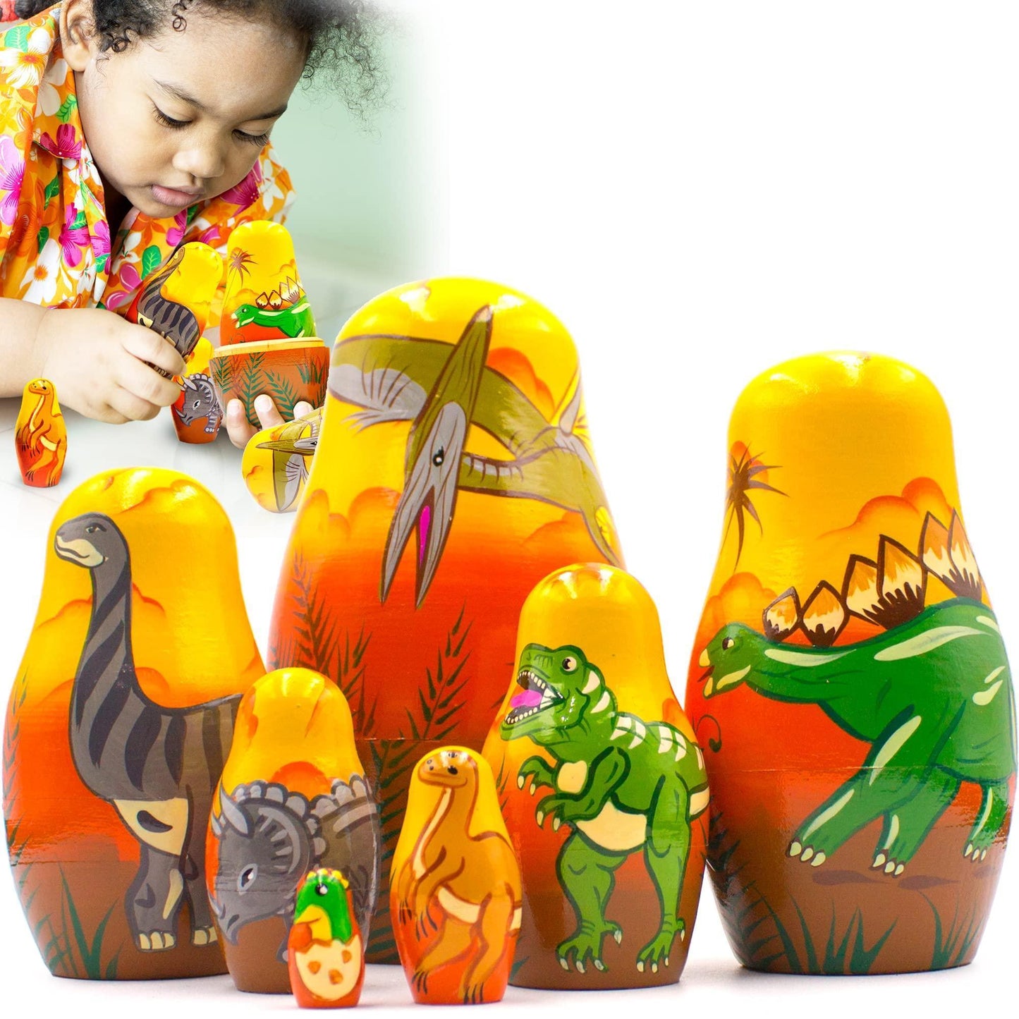 AEVVV Dinosaur Nesting Dolls Set of 7 pcs   Nesting Dolls Dinosaur   Handmade