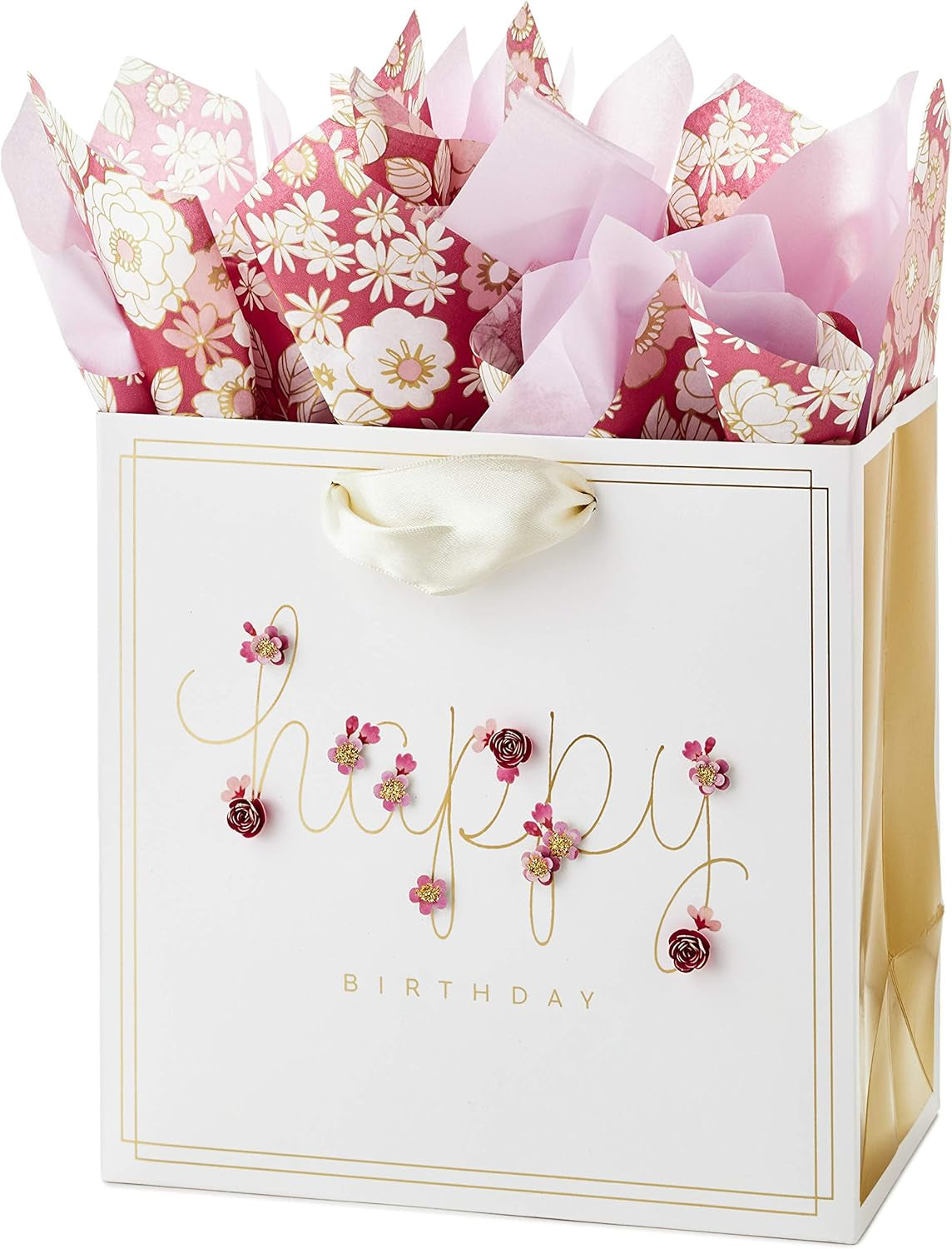 Signature 7" Medium Birthday Gift Bag with Tissue Paper (Pink Flowers)