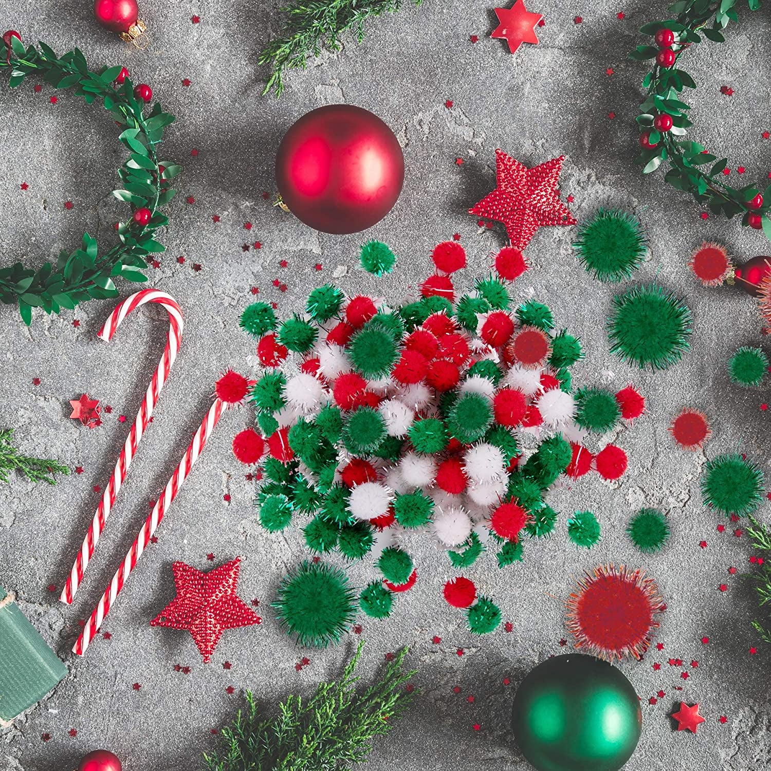 1200 Pieces Christmas Pom Pom Tinsel Pom Pom Balls Glitter Fluffy Pom Pom for Craft Making and Christmas Decorations (4 Sizes, White, Green, Red)