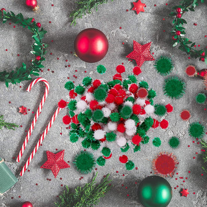 1200 Pieces Christmas Pom Pom Tinsel Pom Pom Balls Glitter Fluffy Pom Pom for Craft Making and Christmas Decorations (4 Sizes, White, Green, Red)