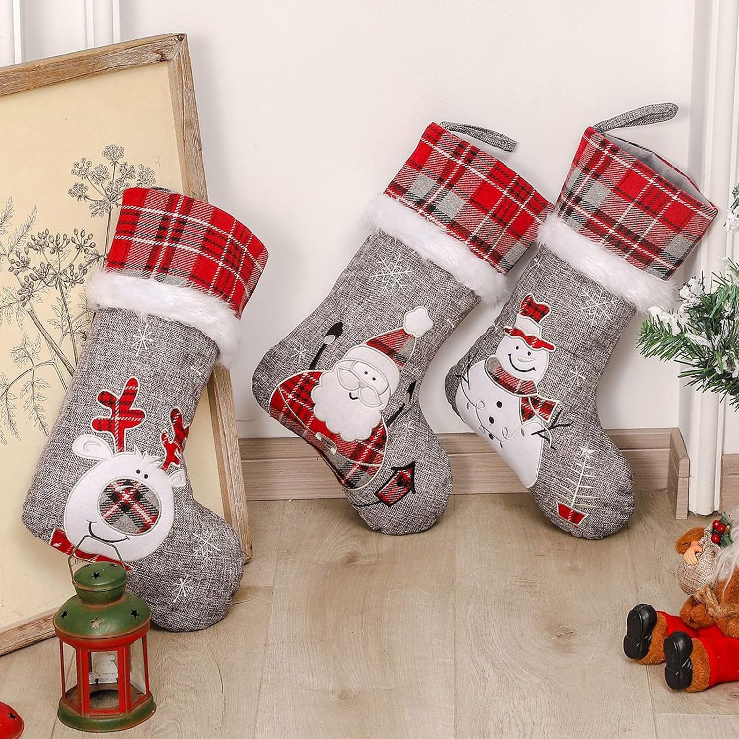 Burlap Christmas Stockings 3 Pack, 18" Red/Grey Buffalo Plaid Embroidered Cute Santa Snowman Reindeer Plush Large Hanging Stockings for Christmas Decorations Ornaments Gifts Stuffers Bag Clearance