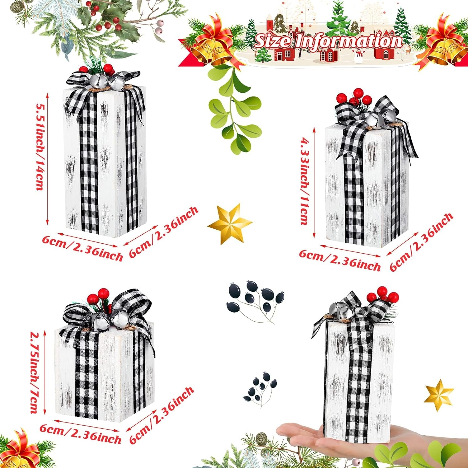 3 Pcs Christmas Wooden Gifts Box Decor Christmas White Black Plaid Presents Table Centerpieces Rustic Wooden Gifts Tiered Tray Decor with Buffalo Plaid Bowknot for Xmas Party Decor