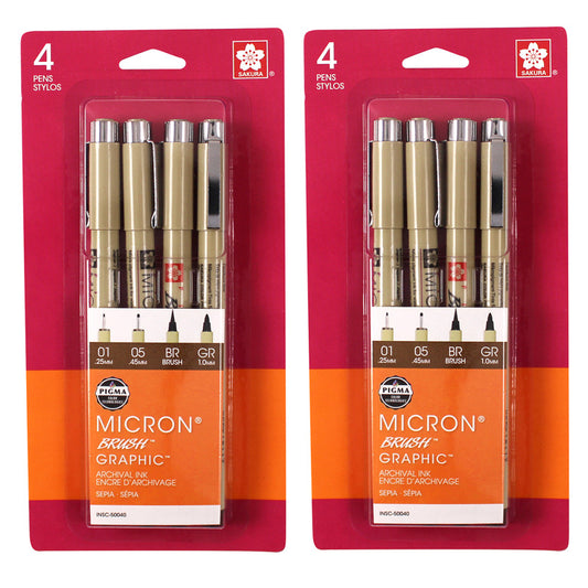 Pigma Drawing Pens, Sepia, Assorted Sizes, 4 Per Set, 2 Sets