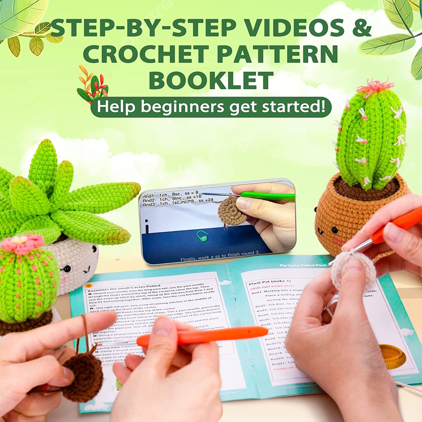Crochet Kit for Beginners - Crochet Starter Kit with Step-By-Step Video Tutorials, Learn to Crochet Kits for Adults and Kids, DIY Knitting Supplies, 4 Pack Plants Family(40%+ Yarn)