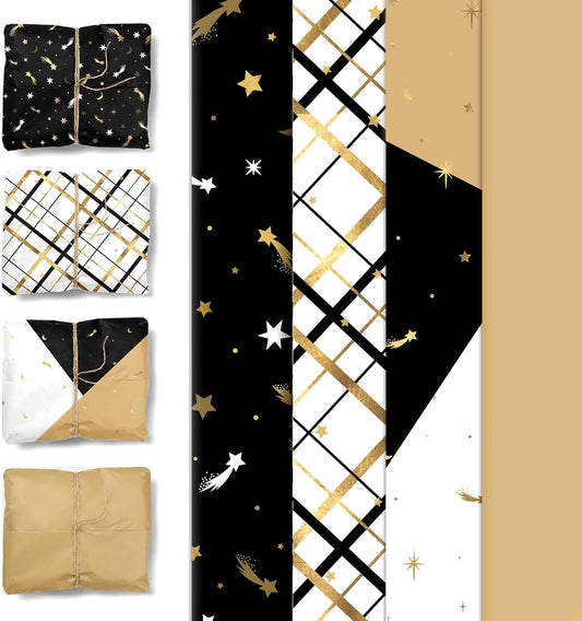 Black Gold Wrapping Tissue Paper 24 Sheets, Christmas Gold Foil Star Tissue Paper for Gift Bags, Wrapping Paper for New Year Holiday Birthday Graduation Gifts Decoration