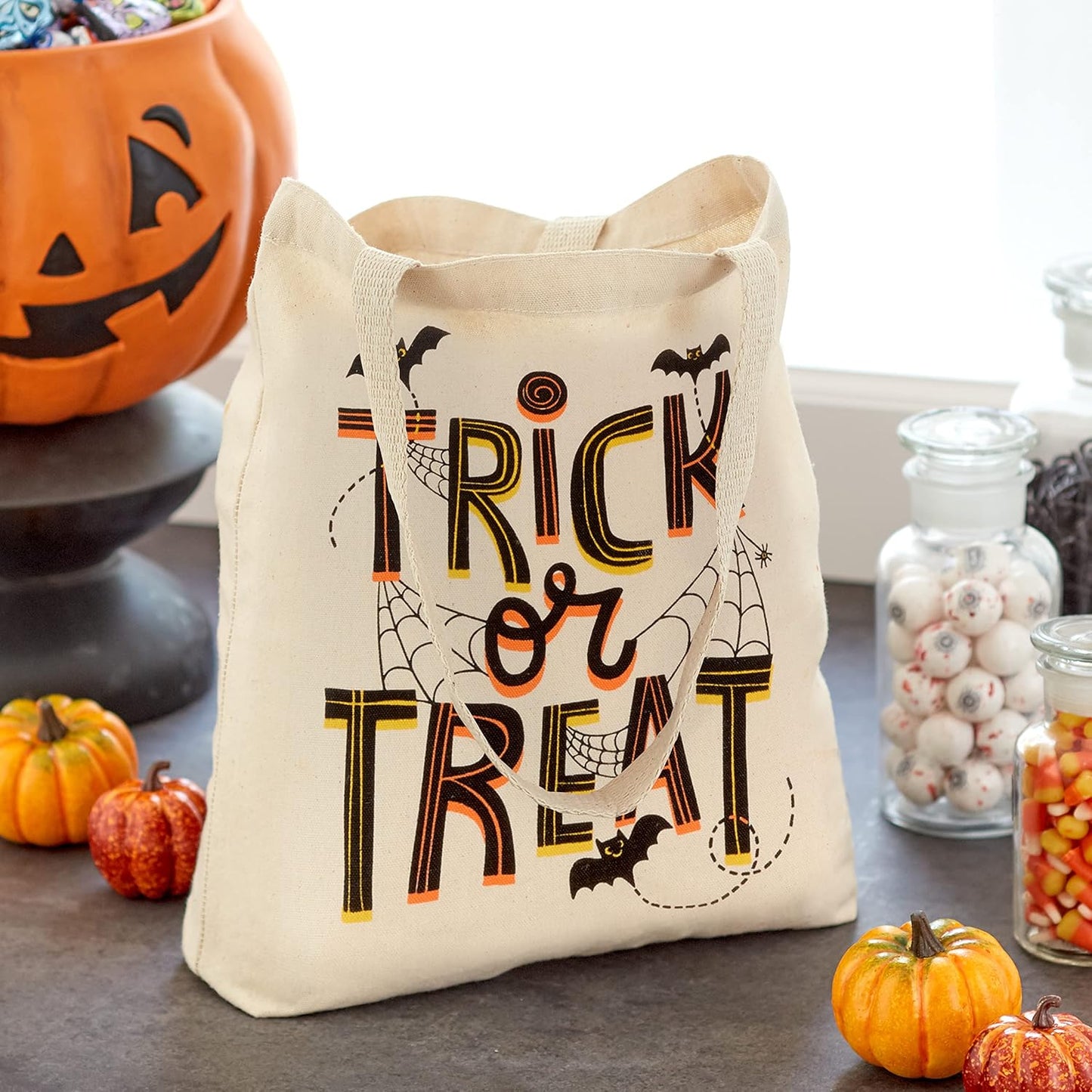 13" Large Halloween Tote Bag (Trick or Treat, Bats and Spiders) Reusable Canvas Bag for Trick or Treating, Grocery Shopping and More