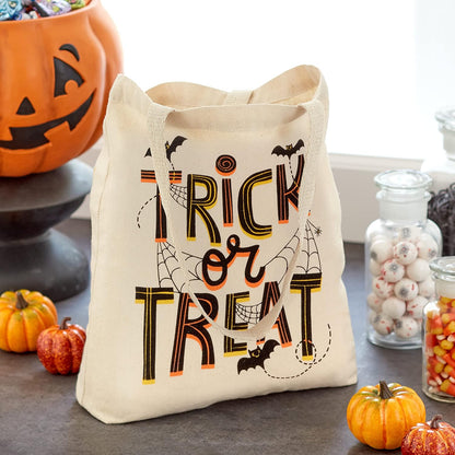 13" Large Halloween Tote Bag (Trick or Treat, Bats and Spiders) Reusable Canvas Bag for Trick or Treating, Grocery Shopping and More