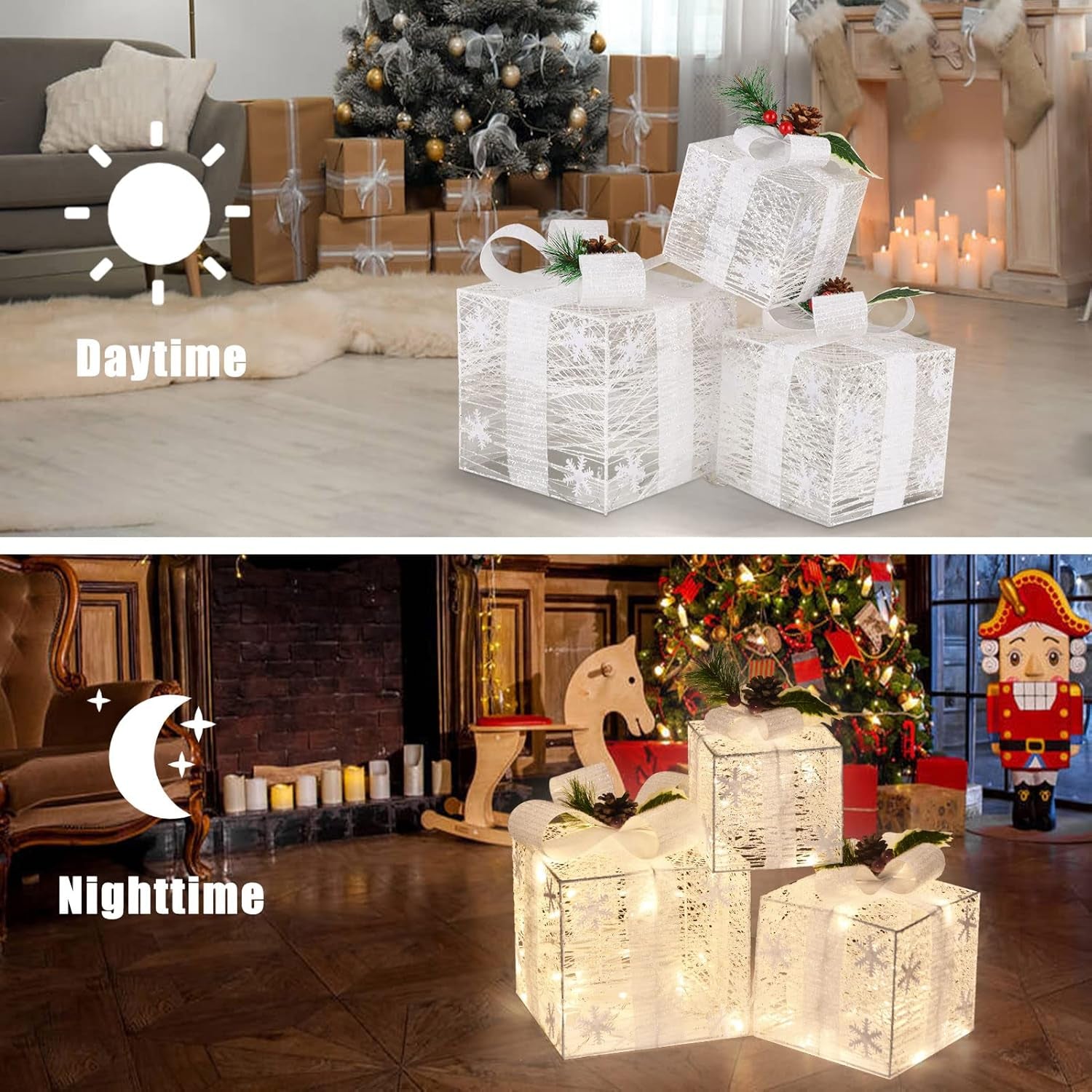 Christmas Lighted Gift Boxes, Set of 3 Christmas Decorations for Home, Light up Christmas Ornaments, Warm White LED with Bows for Indoor Party Holiday, Christmas Decor(Snow)