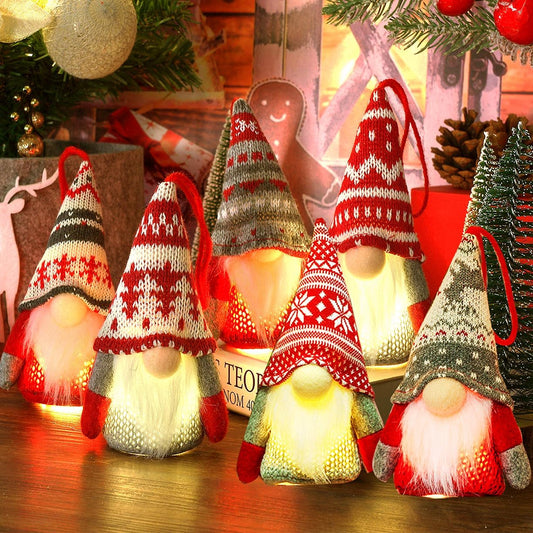 Gnome Christmas Ornaments with Led Light, Handmade Swedish Tomte Xmas Gnomes Plush Doll, Scandinavian Santa Elf Table Ornaments, Lighting Hanging Christmas Tree Decorations Home Decor (6 Pack)