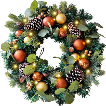 Pre-Lit 20 Inch Lighted Christmas Wreath for Front Door Decoration with Copper Gold Christmas Ball Ornaments,Battery Operated 30 LED Lights