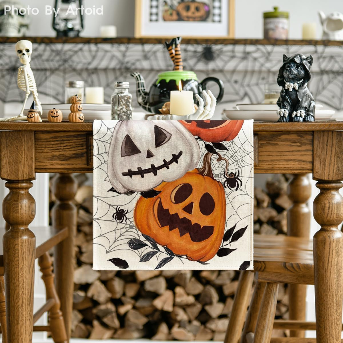 Black Pumpkins Spider Web Halloween Table Runner, Seasonal Fall Kitchen Dining Table Decoration for Home Party Decor 13X108 Inch