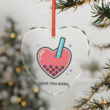 Boba Tea Heart Love | Crystal Glass Heart Ornament for Valentines Decor | Galentine’s, Couple, Bestie Gift | Y2K Aesthetic