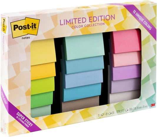 Super Sticky Notes, Limited Edition Color Collection, 3X3 In, 15 Pads/Pack, 45 Sheets/Pad