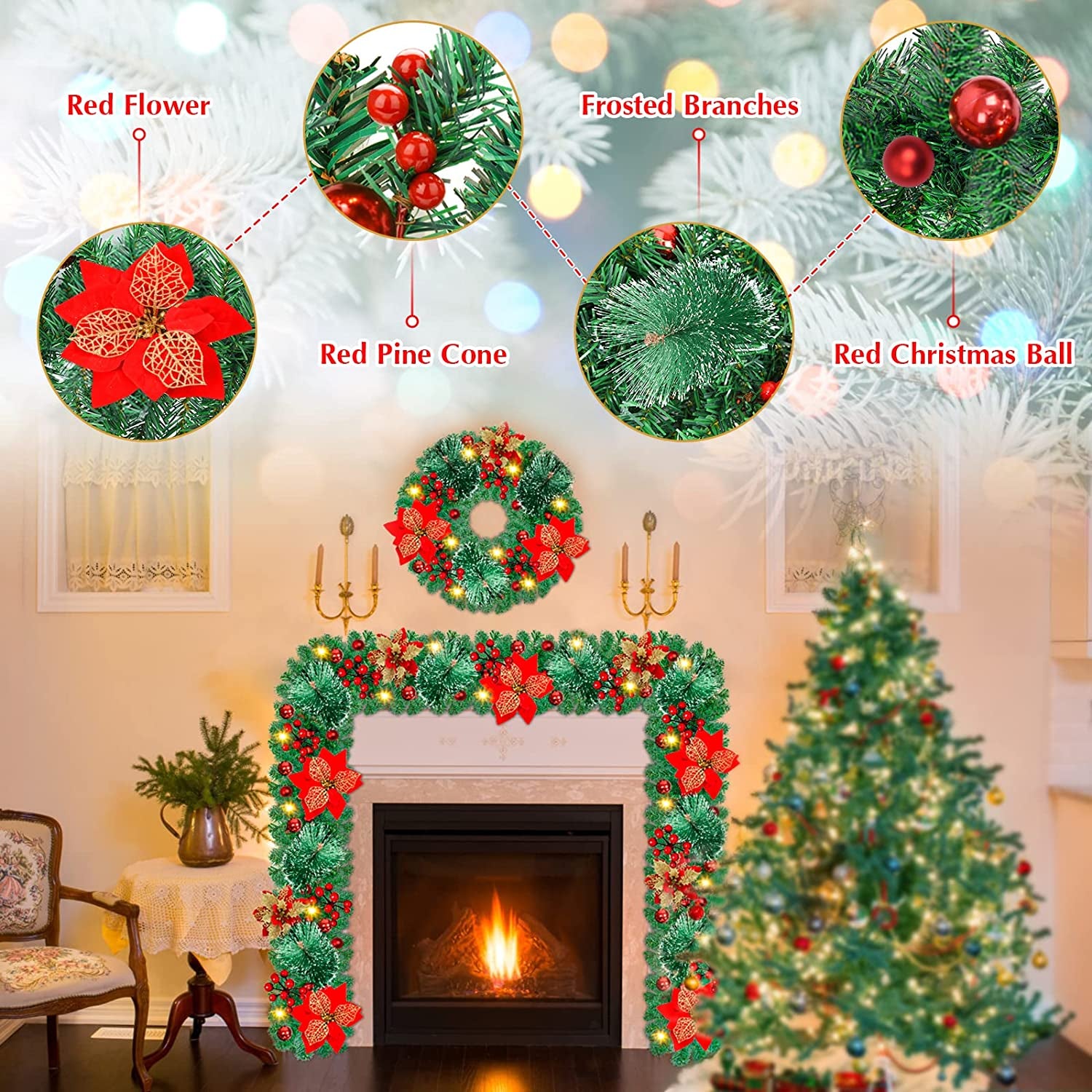 Christmas Garland,Christmas Garland with Lights,Outdoor Christmas Garland,9Ft Pre-Lit Christmas Garland for Interior Decoration,Fireplaces,Stairs,Door Christmas Garlands Decorations Battery Operated