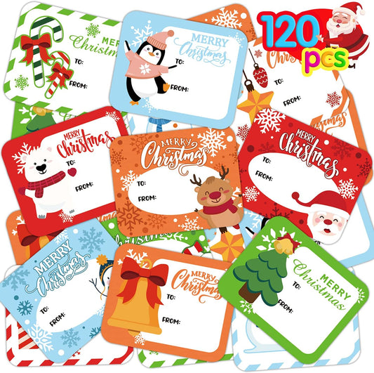 Christmas Gift Tags Stickers,120 Pieces Xmas Holiday Present Labels for Gift Self Adhesive Sticker for Friends(12 Patterns)