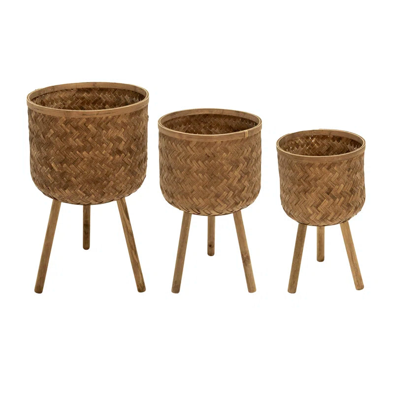 Toole Bamboo Planter Pots on Tripod Stands, Indoor and Outdoor Set