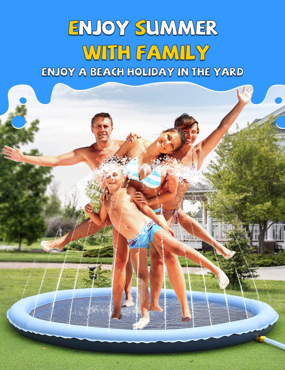 Non-Slip Splash Pad for Kids and Dog, Thicken Sprinkler Pool Summer Outdoor Water Toys - Fun Backyard Fountain Play Mat for Baby Girls Boys Children or Pet Dog (67 Inch, Blue&Blue)