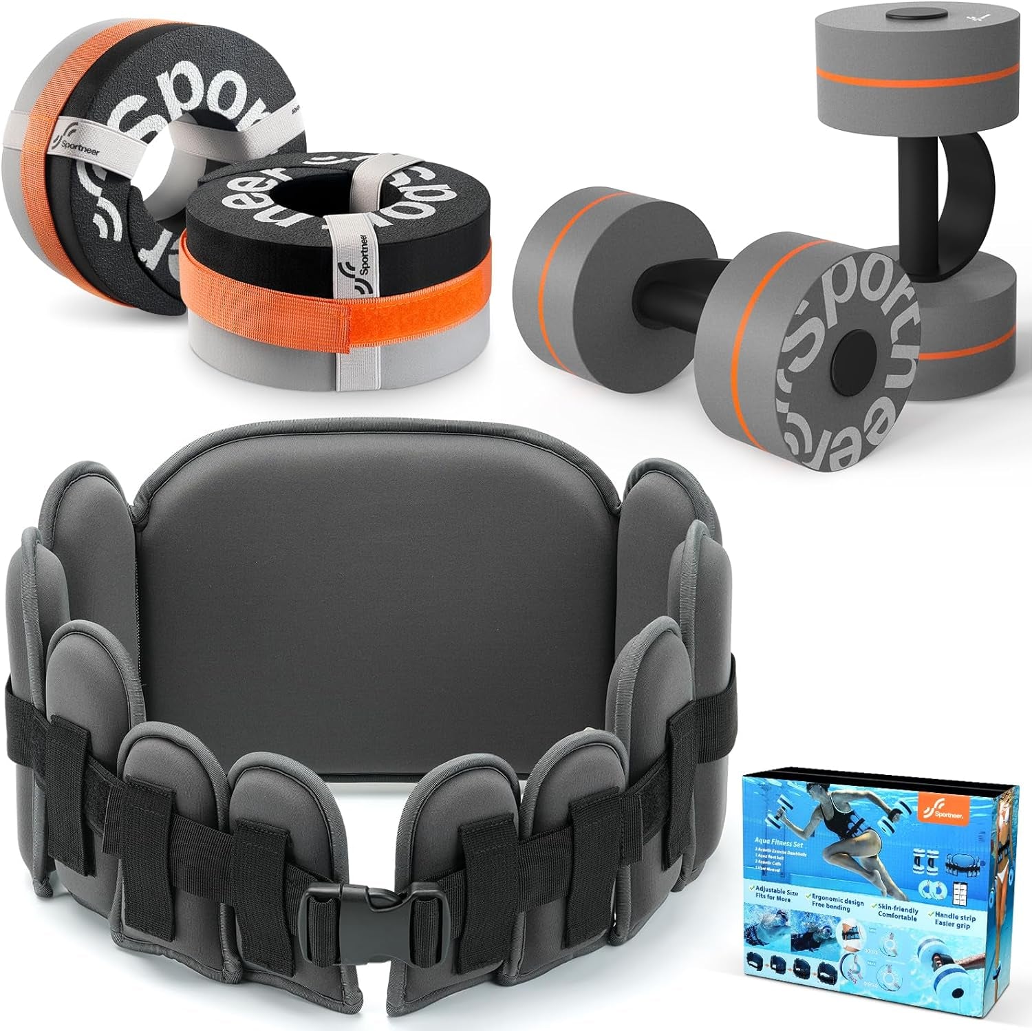 Water Aerobics Pool Exercise Equipment:  Water Workout Combo Set Includes High Density Water Dumbbell Aqua Belt Water Ankle Weights for Aquatic Therapy Pool Fitness Water Exercise