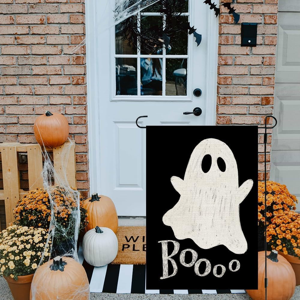 Halloween Ghost Garden Flag 12X18 Inch Double Sided Small Burlap for outside Boo Black Holiday Yard Decoration CF1079-12