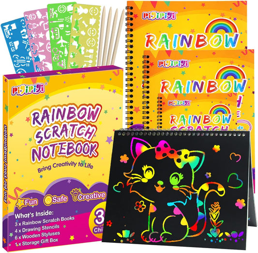Gifts for 3-12 Year Old Girls Boys - 3 Pack Rainbow Scratch off Notebooks Arts Crafts Supplies Set Color Drawing Paper Kit for Kids Birthday Game Party Favor Christmas Easter Activity Toy