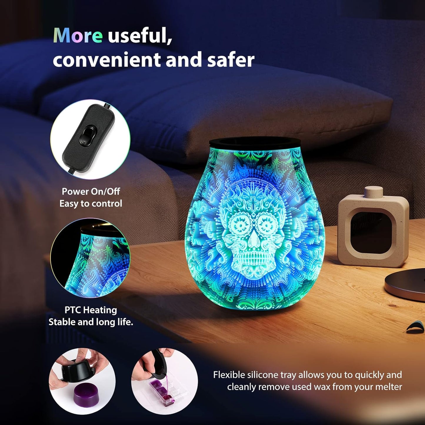 Skull Halloween Scentsy Warmer 3D Glass Electric Wax Melt Warmer with 7 Colour Cycle Changing LED Light PTC Heating Removable Silicone Tray Aroma Fragrance Lamp Gift Present…