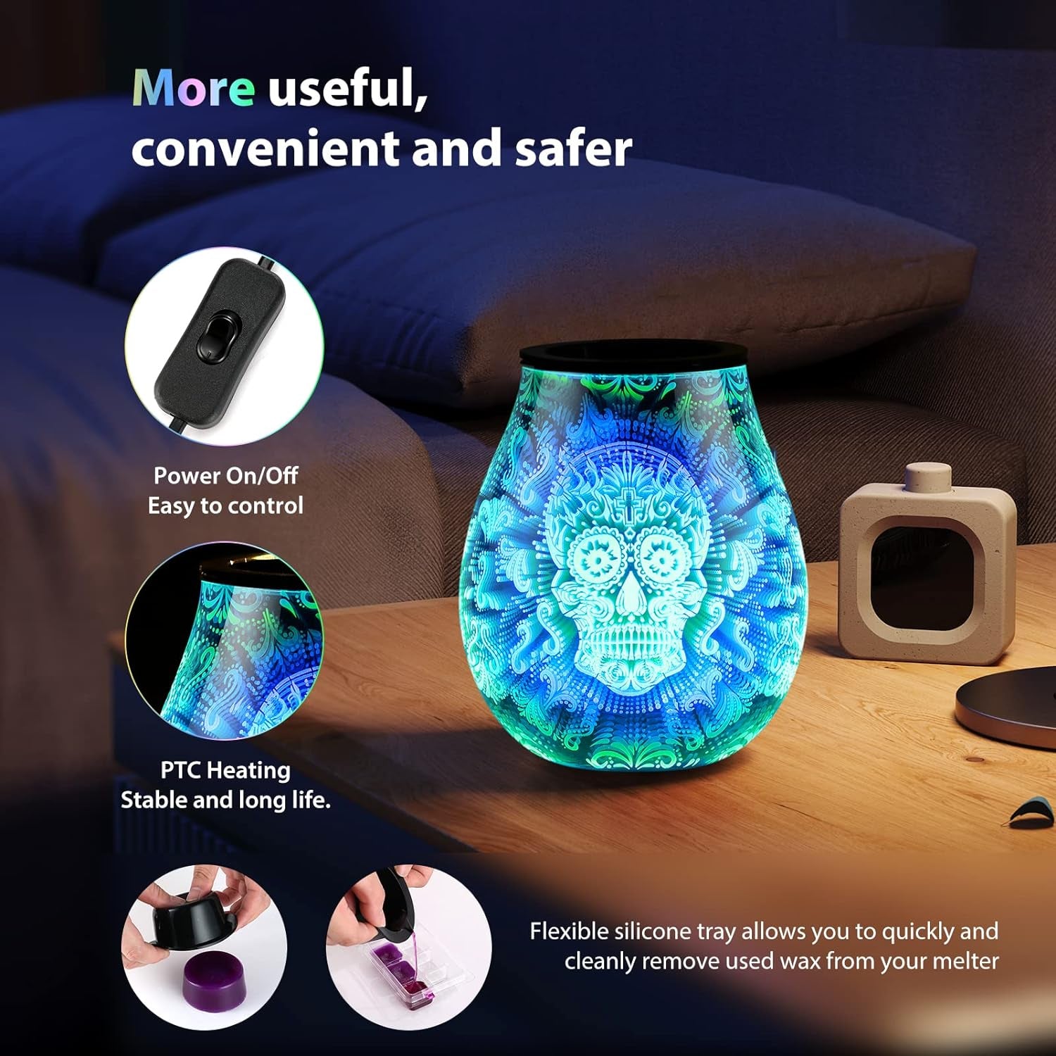 Skull Halloween Scentsy Warmer 3D Glass Electric Wax Melt Warmer with 7 Colour Cycle Changing LED Light PTC Heating Removable Silicone Tray Aroma Fragrance Lamp Gift Present…