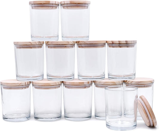 Thick Candle Jars for Making Candles 12 Pcs, 7 OZ Empty Jars with Wood Lids for Candle Making, Sample Container - Dishwasher Safe, Clear