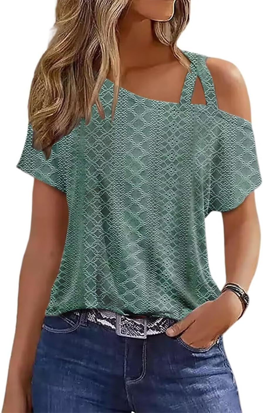 Criss-Cross One Shoulder Tops Sexy Cold Shoulder Shirts Summer Short Sleeve T-Shirts Vacation Loose Casual Tees