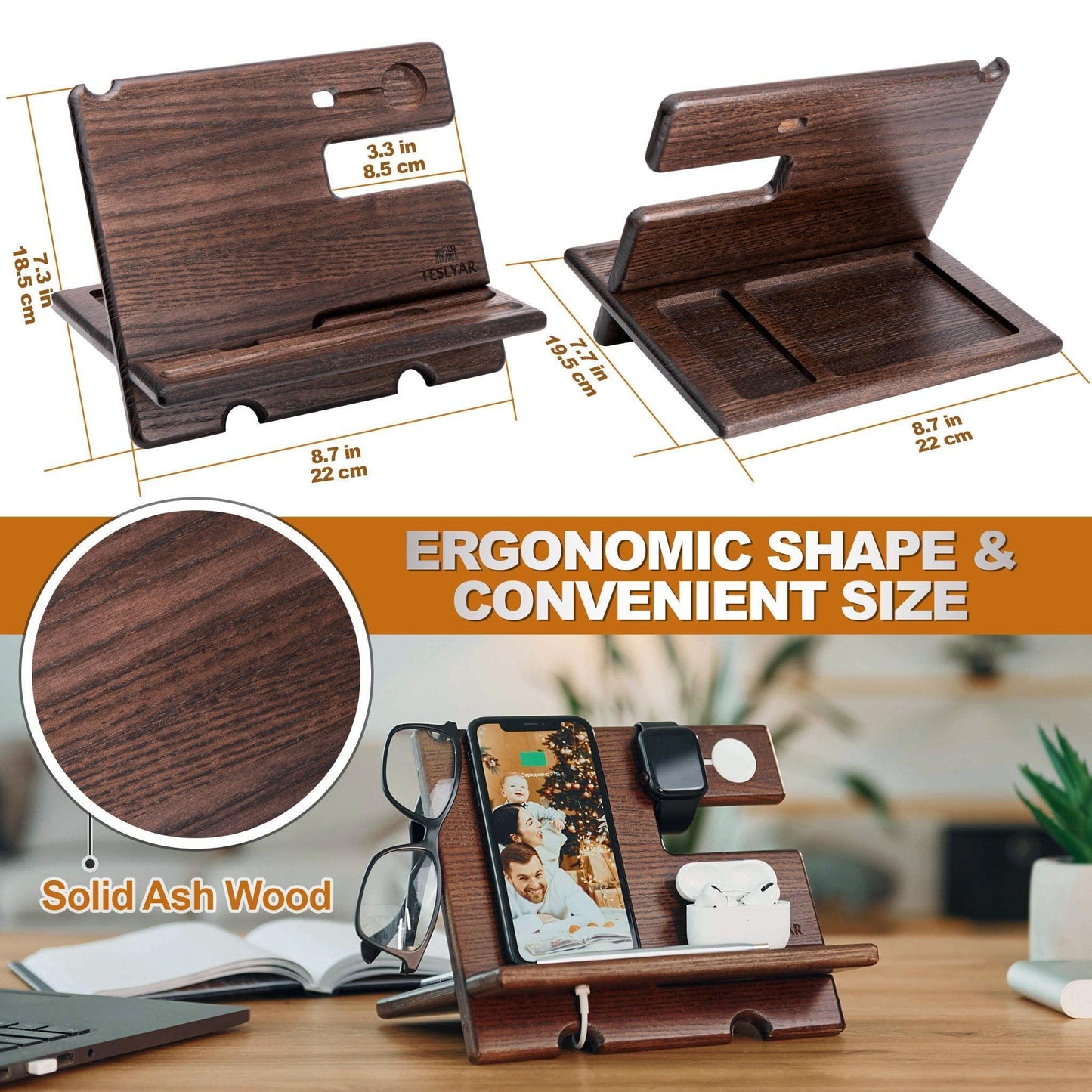 Wood Phone Docking Station Ash Key Holder Wallet Stand Watch Organizer Men