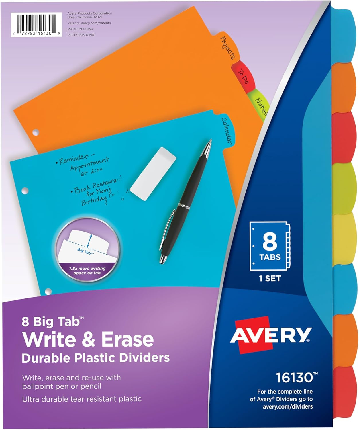 Big Tab Write & Erase Durable Plastic Dividers for 3 Ring Binders, 5-Tab Set, Bright Multicolor, 1 Set (16129)