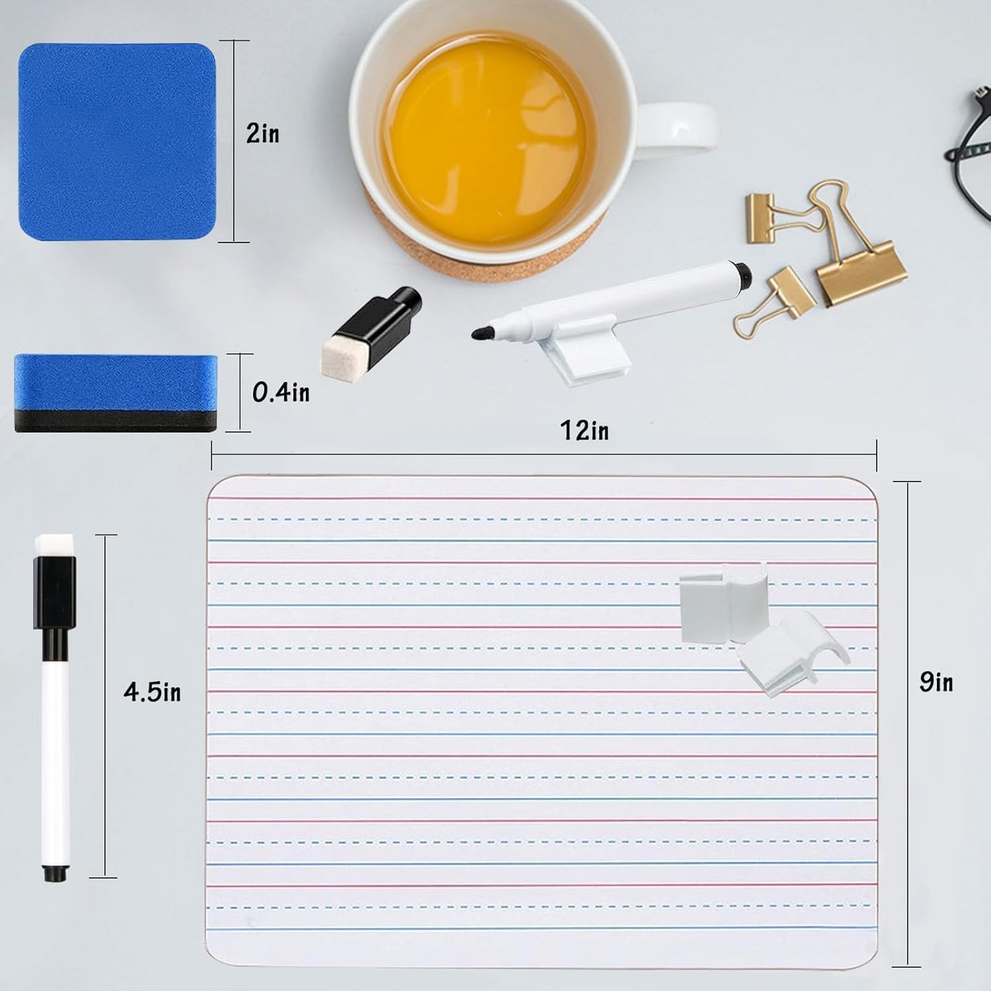 20 Pcs 9"X12" Double Sided Dry Erase Boards, Small Whiteboards with Lines for Students Classroom Teachers School Supplies Office with 24Pens 24 Erasers 24 Pen Clips
