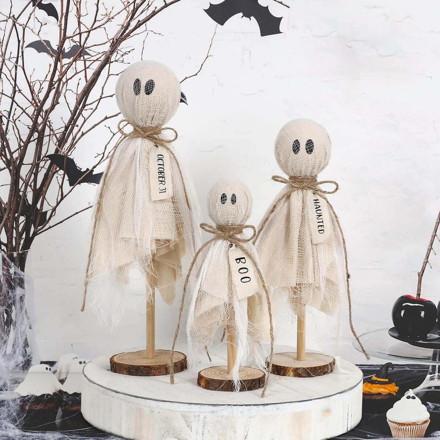 Halloween Decorations Indoor - Primitive Halloween Ghosts on Wooden Stand for Table Centerpieces, Shelves, and Mantels - Spooky Halloween Decor